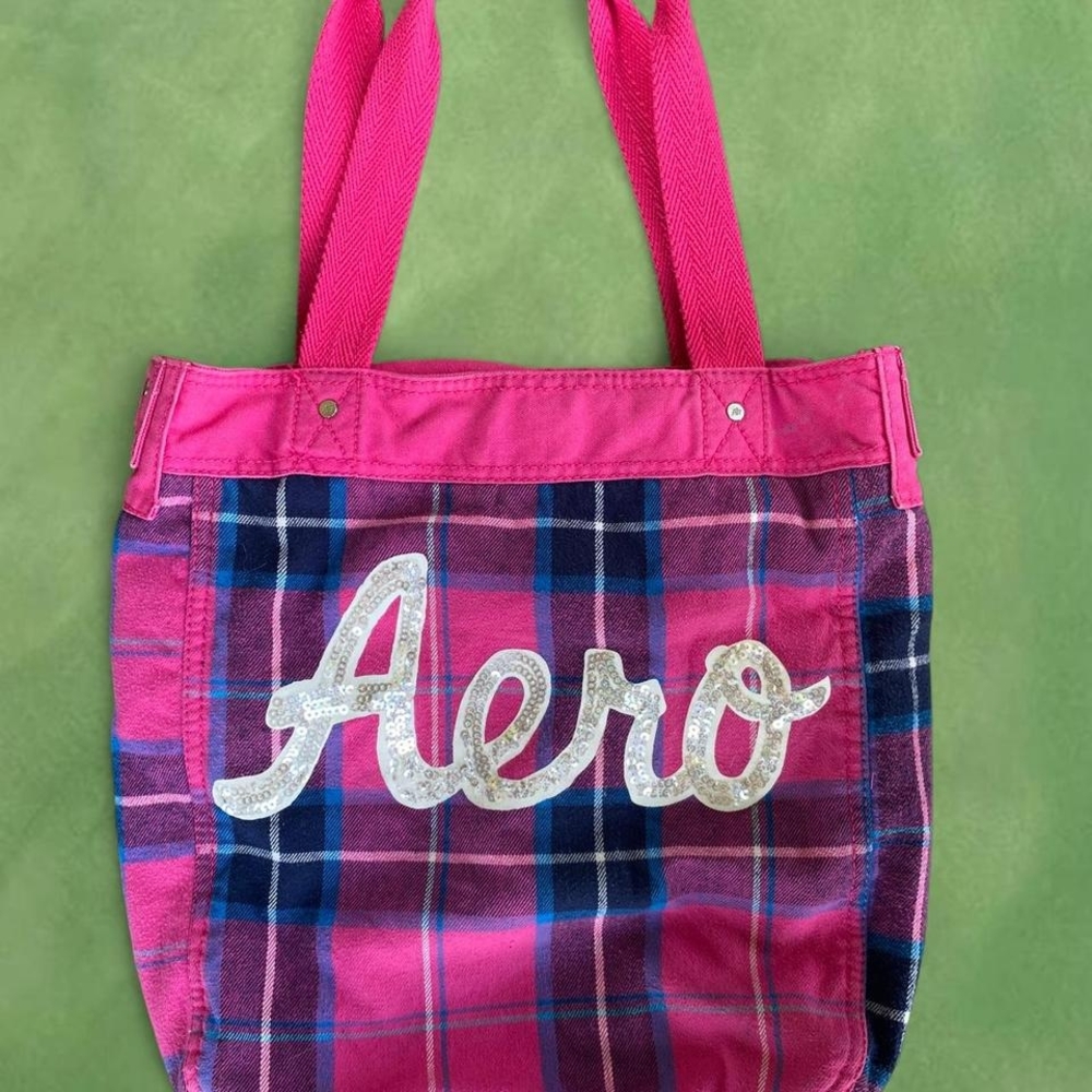 Aeropostale Pink and Blue Plaid Tote Bag